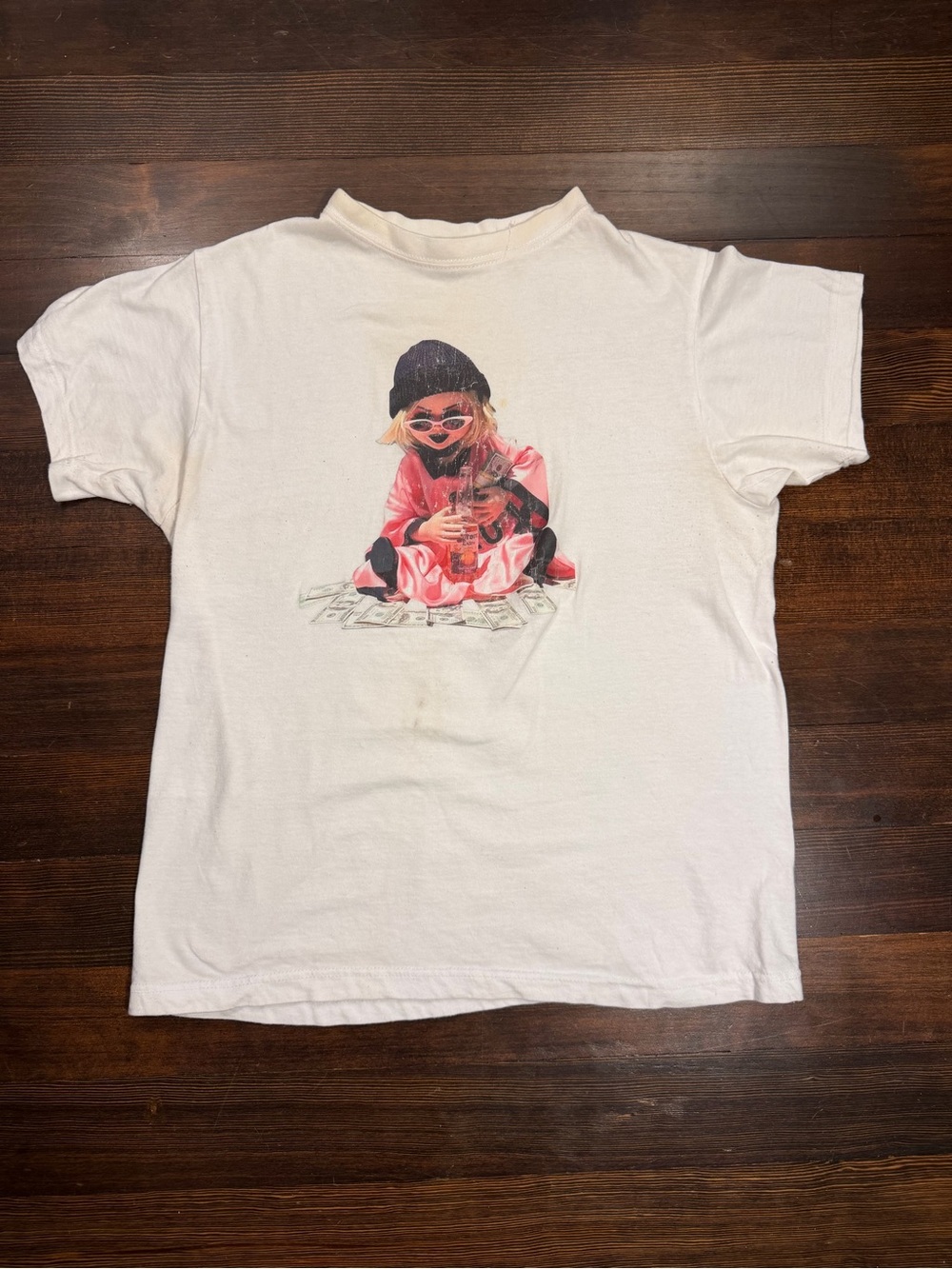 Y2K Money Girl Graphic Tee Cream Distressed T Shirt M